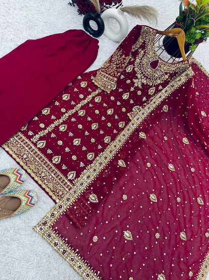 “Elegant Heavy Faux Georgette Embroidered 3-Piece Set with Full Sleeves & Sequence Work”