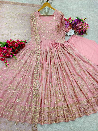 "Elegant Gwon Set: Pure Chinnon Silk with Embroidery & Sequence Work"