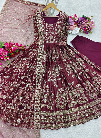 "Elegant Gwon Set: Pure Chinnon Silk with Embroidery & Sequence Work"