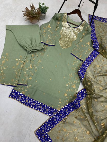Elegant Embroidered Chinon Set with Foil Work & Twill Gold Net Dupatta
