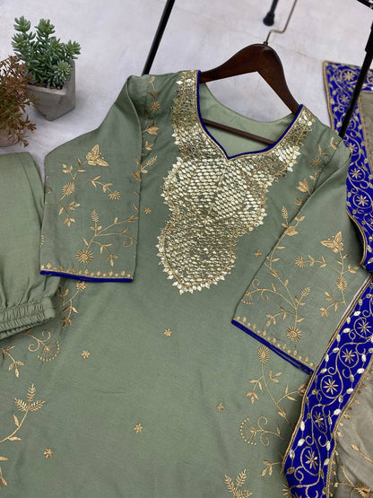Elegant Embroidered Chinon Set with Foil Work & Twill Gold Net Dupatta
