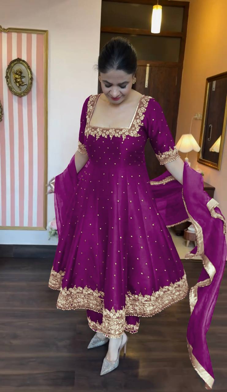 "Luxury Anarkali Gown Set with Vichitra Silk, Embroidered Sequence, Plazzo, and Designer Dupatta"