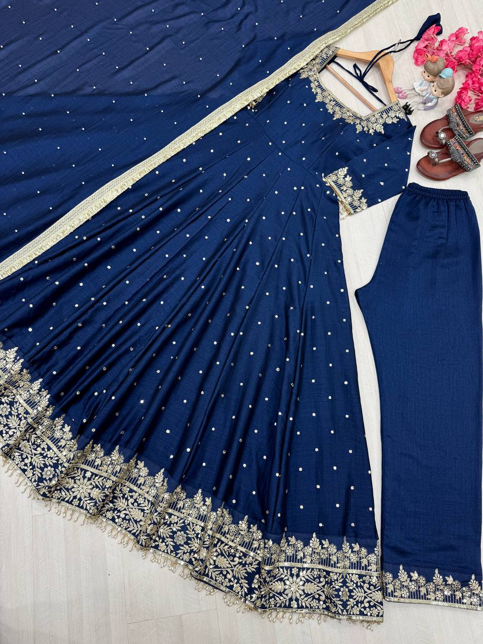 "Luxury Anarkali Gown Set with Vichitra Silk, Embroidered Sequence, Plazzo, and Designer Dupatta"