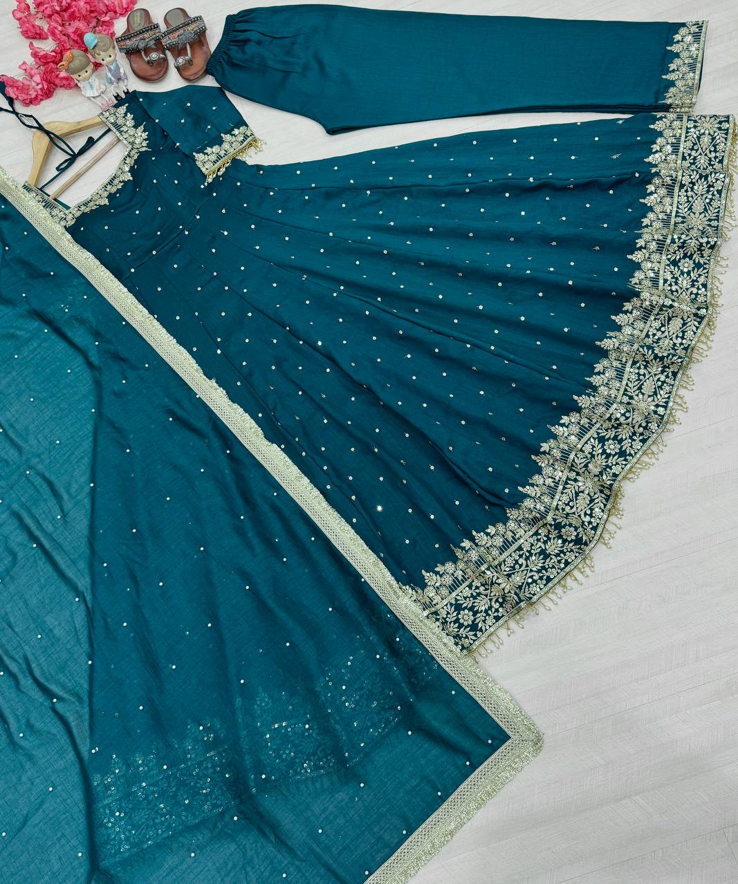 "Luxury Anarkali Gown Set with Vichitra Silk, Embroidered Sequence, Plazzo, and Designer Dupatta"
