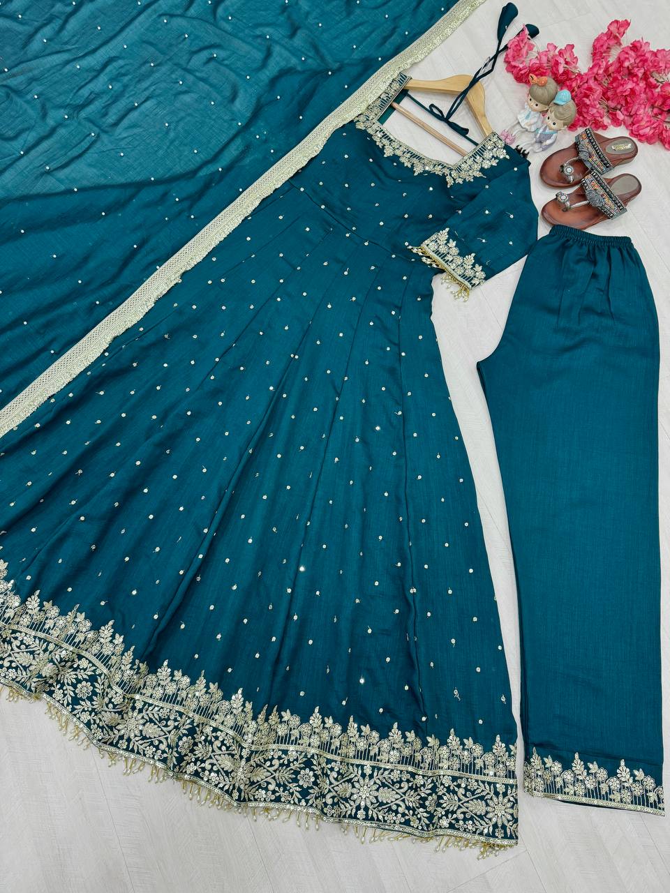"Luxury Anarkali Gown Set with Vichitra Silk, Embroidered Sequence, Plazzo, and Designer Dupatta"