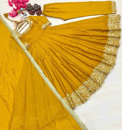 "Luxury Anarkali Gown Set with Vichitra Silk, Embroidered Sequence, Plazzo, and Designer Dupatta"