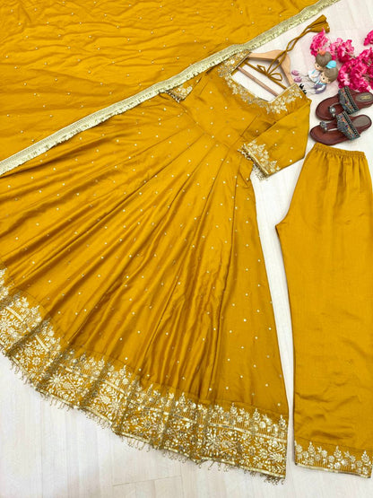 "Luxury Anarkali Gown Set with Vichitra Silk, Embroidered Sequence, Plazzo, and Designer Dupatta"