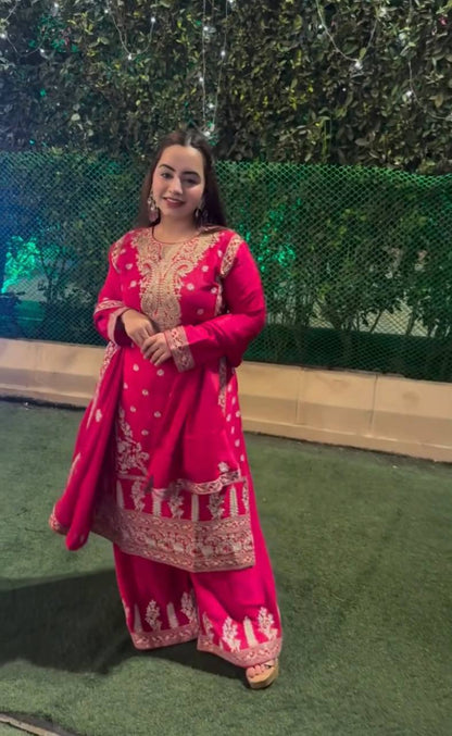 "Elegant Pure Cinon Silk Set with Embroidery – Top, Sarara, and Dupatta"
