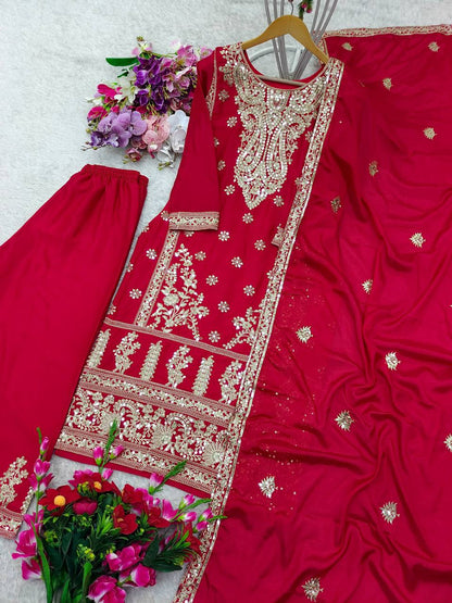 "Elegant Pure Cinon Silk Set with Embroidery – Top, Sarara, and Dupatta"
