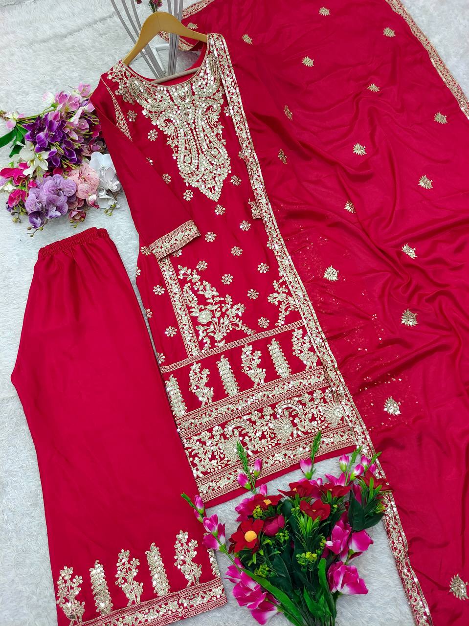 "Elegant Pure Cinon Silk Set with Embroidery – Top, Sarara, and Dupatta"