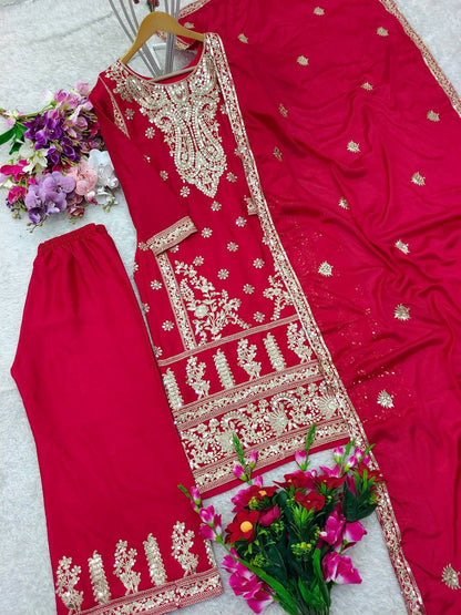 "Elegant Pure Cinon Silk Set with Embroidery – Top, Sarara, and Dupatta"
