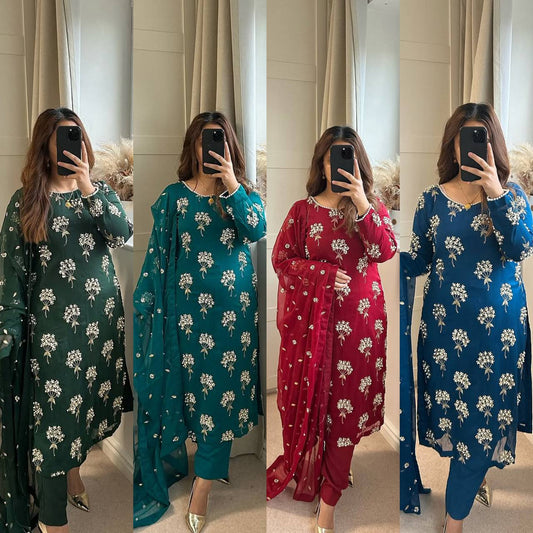 "Elegant Heavy Chinon Long Top with Embroidered Dupatta & Stitched Pant Set"