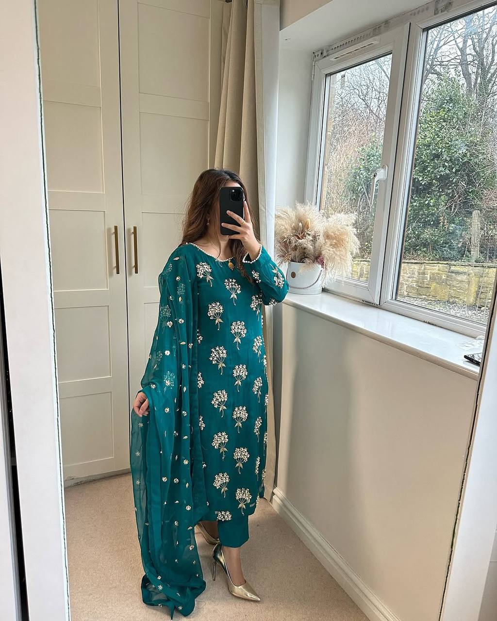 "Elegant Heavy Chinon Long Top with Embroidered Dupatta & Stitched Pant Set"