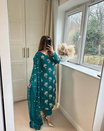 "Elegant Heavy Chinon Long Top with Embroidered Dupatta & Stitched Pant Set"