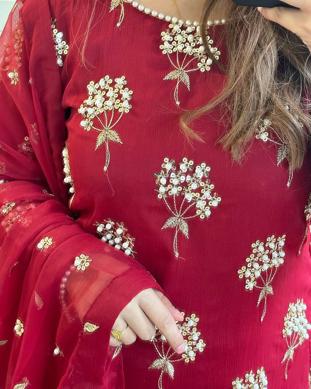 "Elegant Heavy Chinon Long Top with Embroidered Dupatta & Stitched Pant Set"