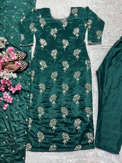 "Elegant Heavy Chinon Long Top with Embroidered Dupatta & Stitched Pant Set"