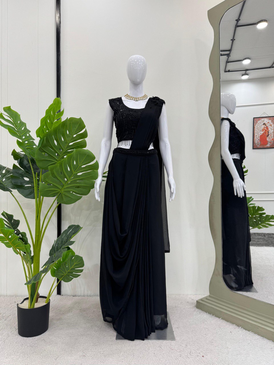 "Elegant Foux Gorgette Blouse, Ready-to-Wear Dhoti & Waist Belt Set with Thread & Sequence Work"