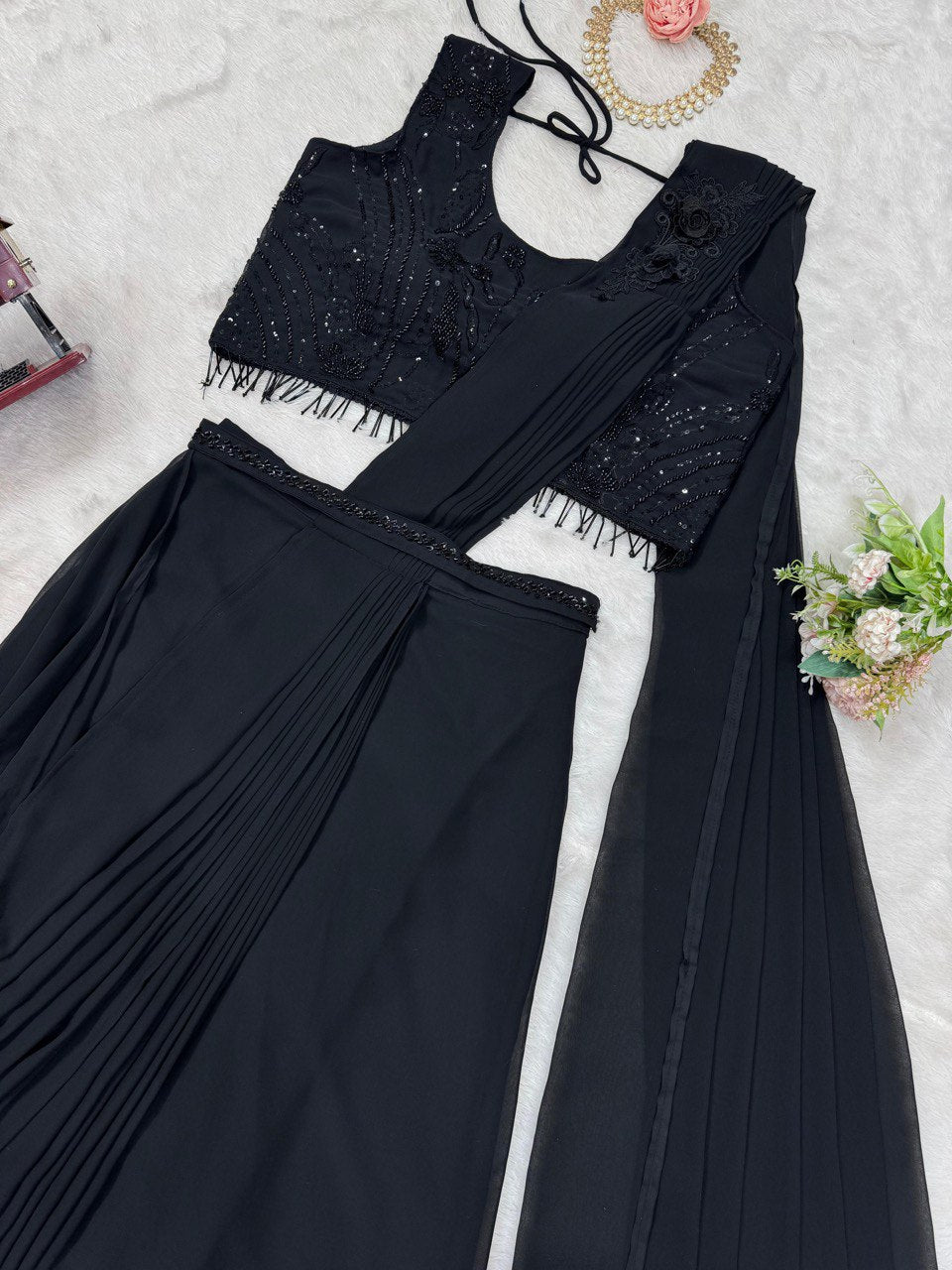 "Elegant Foux Gorgette Blouse, Ready-to-Wear Dhoti & Waist Belt Set with Thread & Sequence Work"