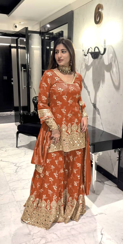 "Elegance Redefined: Heavy Simmer Silk Sharara Set with Embroidery Sequence Work"