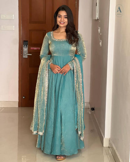 "Royal Elegance: Heavy Fandy Silk Gown with Embroidery Sequence Work & Full Flair"