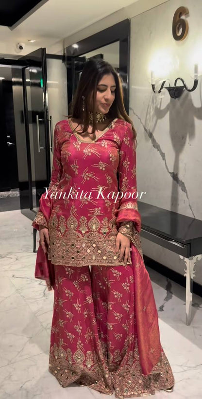 "Elegance Redefined: Heavy Simmer Silk Sharara Set with Embroidery Sequence Work"