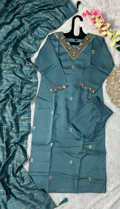 Denim Blue Roman Silk Kurti Set with Beautiful Embroidery and Sequence Work