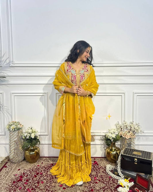 "Exquisite Heavy Chinon Silk Gharara Set with Embroidered Top & Dupatta"