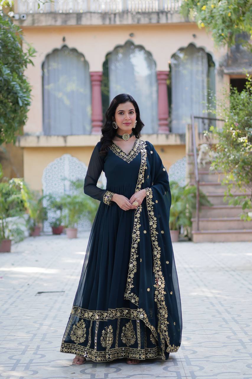 "Radiant Elegance: Faux Blooming Georgette Gown with Zari Thread & Sequins Embroidery"