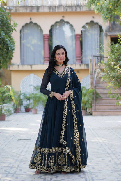 "Radiant Elegance: Faux Blooming Georgette Gown with Zari Thread & Sequins Embroidery"