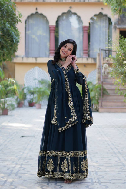 "Radiant Elegance: Faux Blooming Georgette Gown with Zari Thread & Sequins Embroidery"