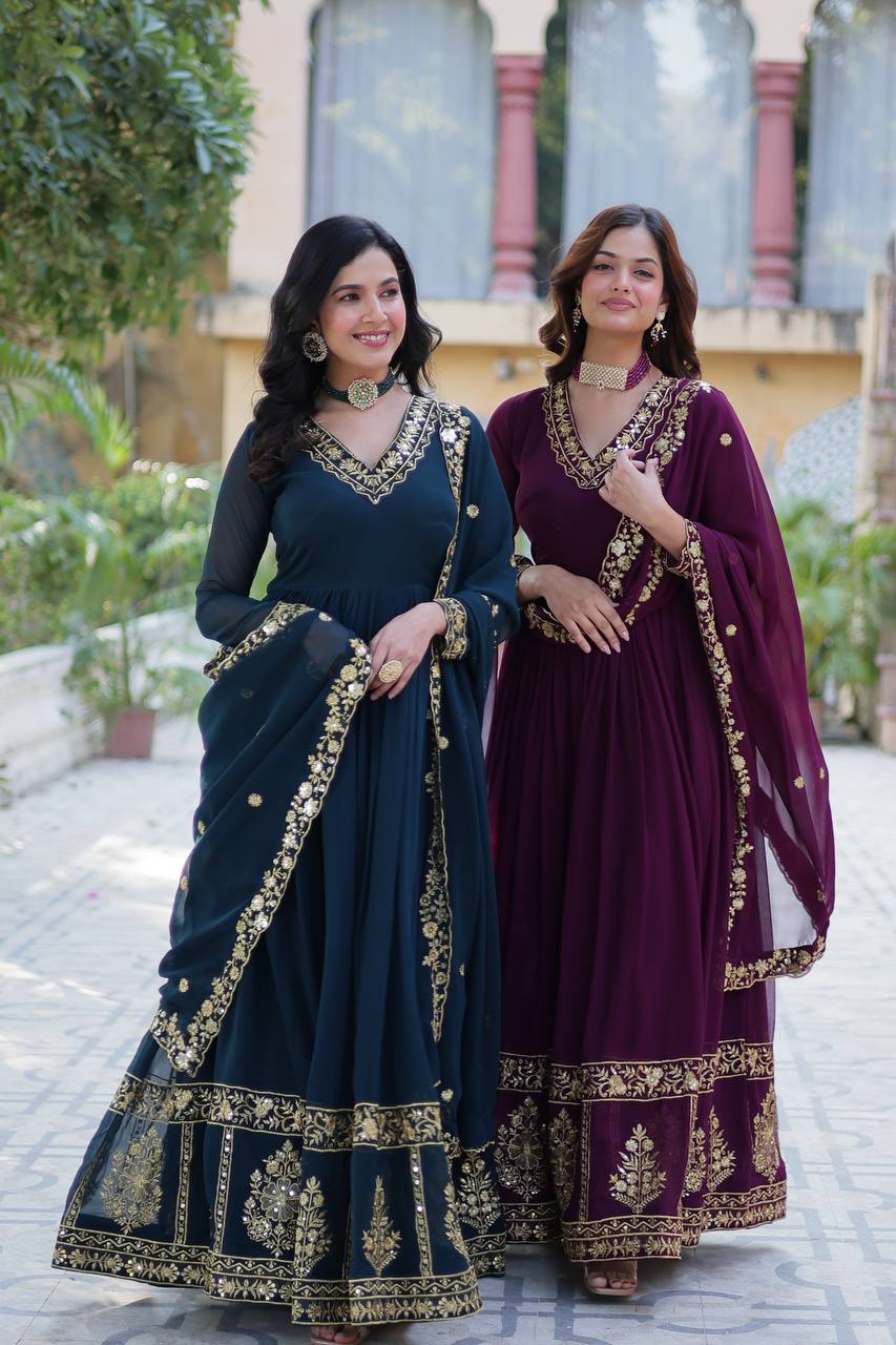 "Radiant Elegance: Faux Blooming Georgette Gown with Zari Thread & Sequins Embroidery"