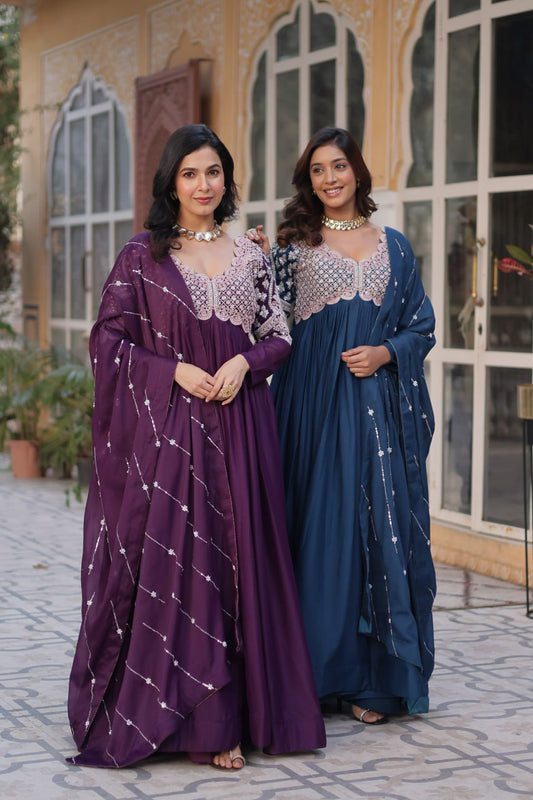 Elegant Star Georgette Embroidered Gown & Dupatta Set