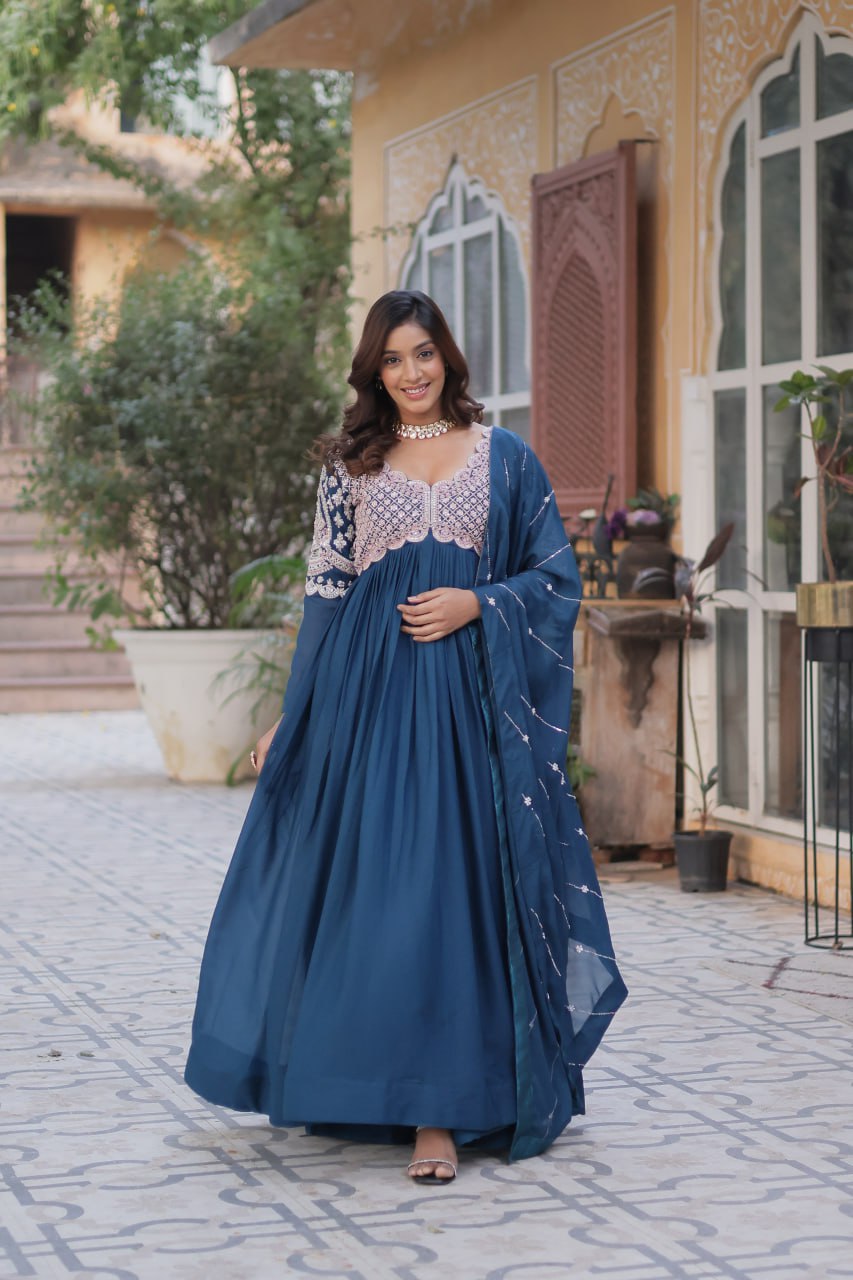 Elegant Star Georgette Embroidered Gown & Dupatta Set
