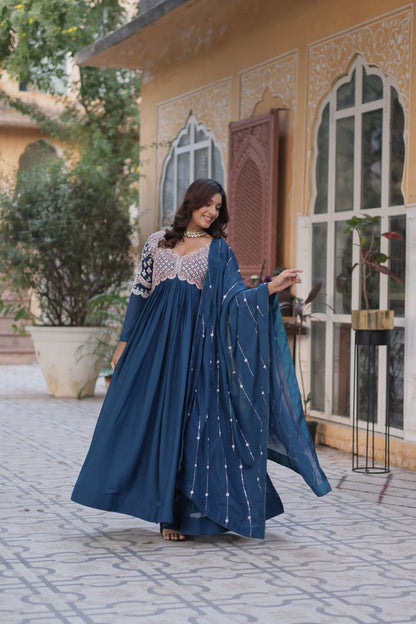 Elegant Star Georgette Embroidered Gown & Dupatta Set