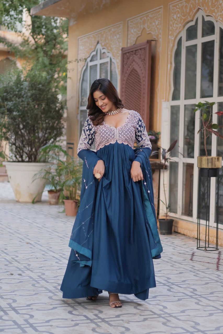 Elegant Star Georgette Embroidered Gown & Dupatta Set