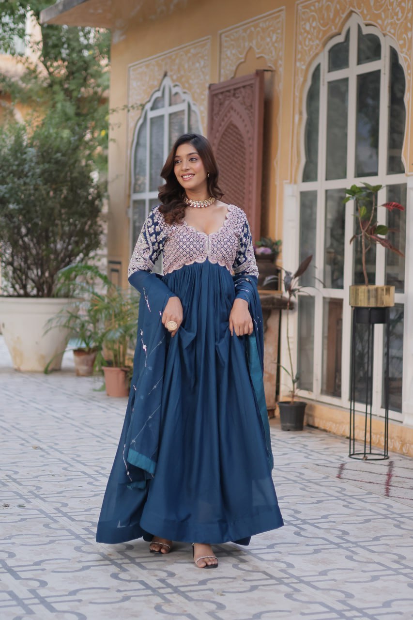 Elegant Star Georgette Embroidered Gown & Dupatta Set