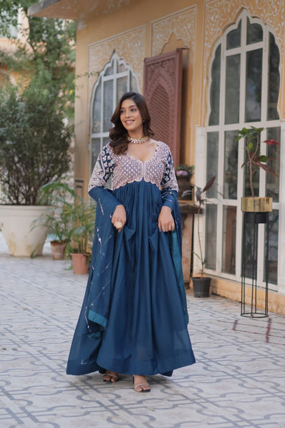 Elegant Star Georgette Embroidered Gown & Dupatta Set
