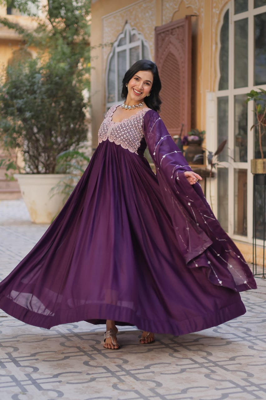 Elegant Star Georgette Embroidered Gown & Dupatta Set