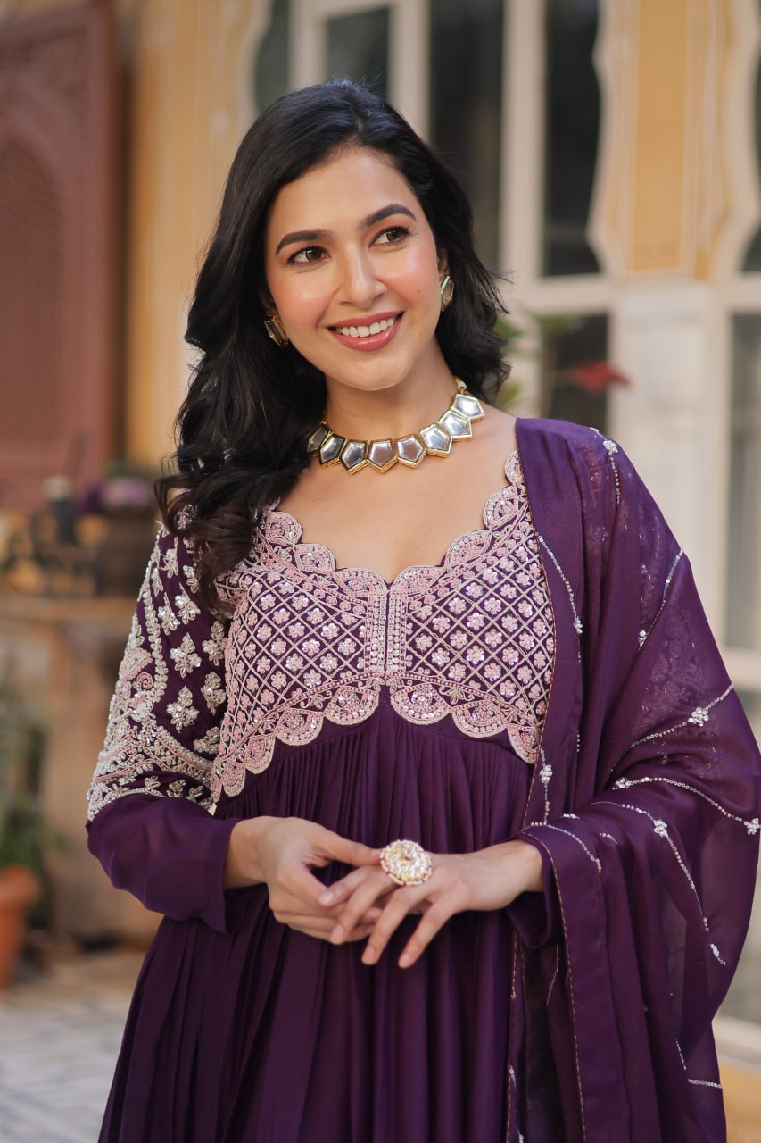 Elegant Star Georgette Embroidered Gown & Dupatta Set