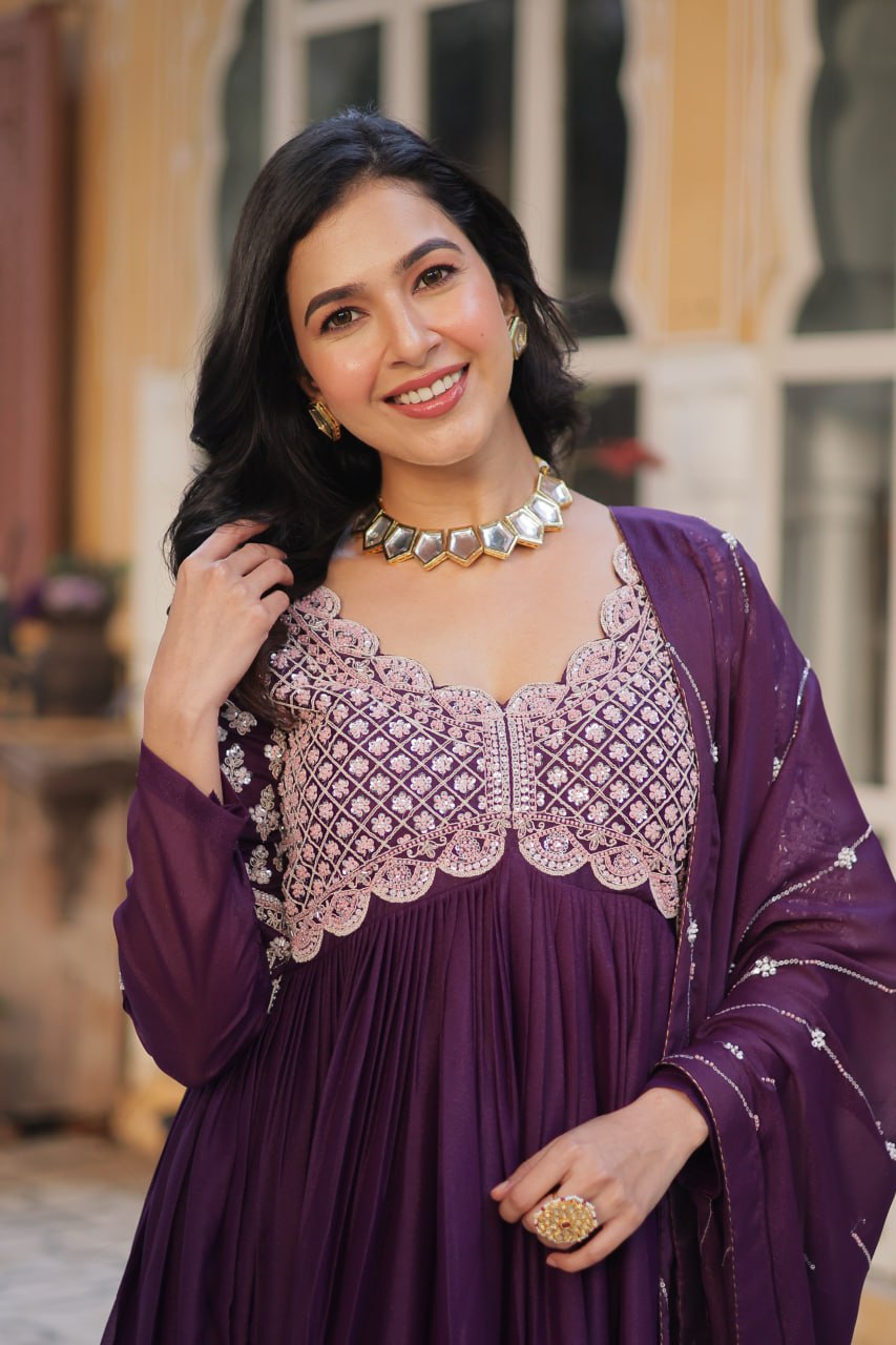 Elegant Star Georgette Embroidered Gown & Dupatta Set