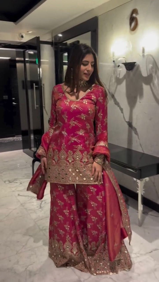 "Elegance in Silk: Mirror Work Sharara Set with Thread & Sequence Detailing"