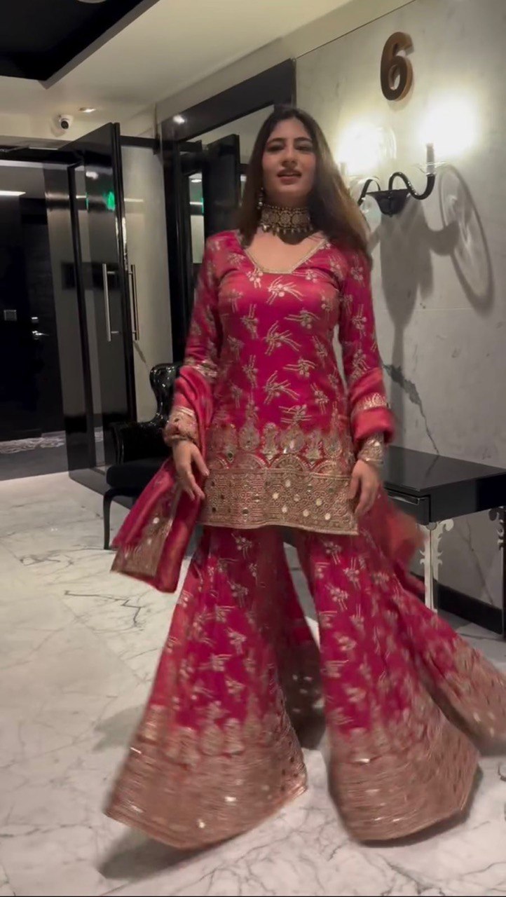 "Elegance in Silk: Mirror Work Sharara Set with Thread & Sequence Detailing"