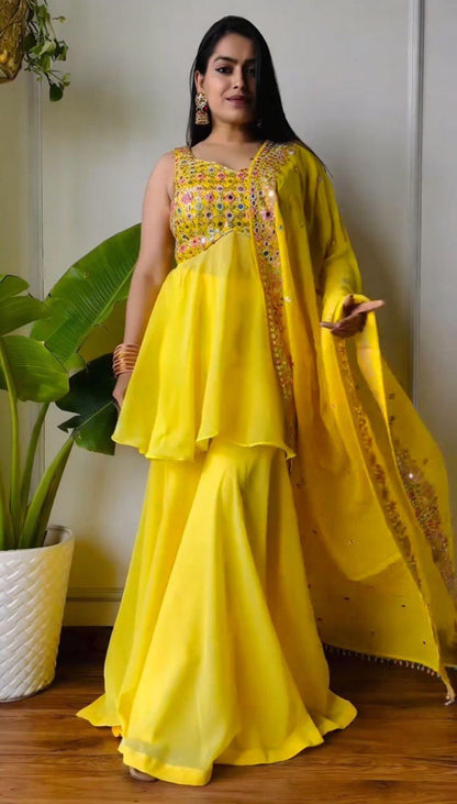 "Elegant Foux Gorgette Ensemble with Thread Work & Sequence Detailing"