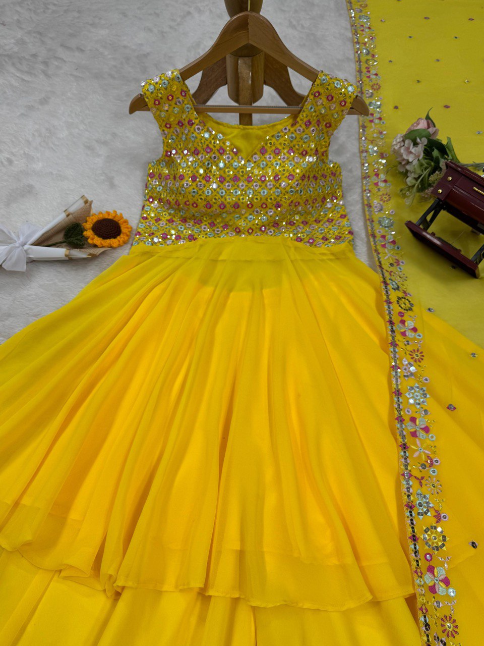 "Elegant Foux Gorgette Ensemble with Thread Work & Sequence Detailing"