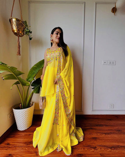 "Elegant Foux Gorgette Ensemble with Thread Work & Sequence Detailing"