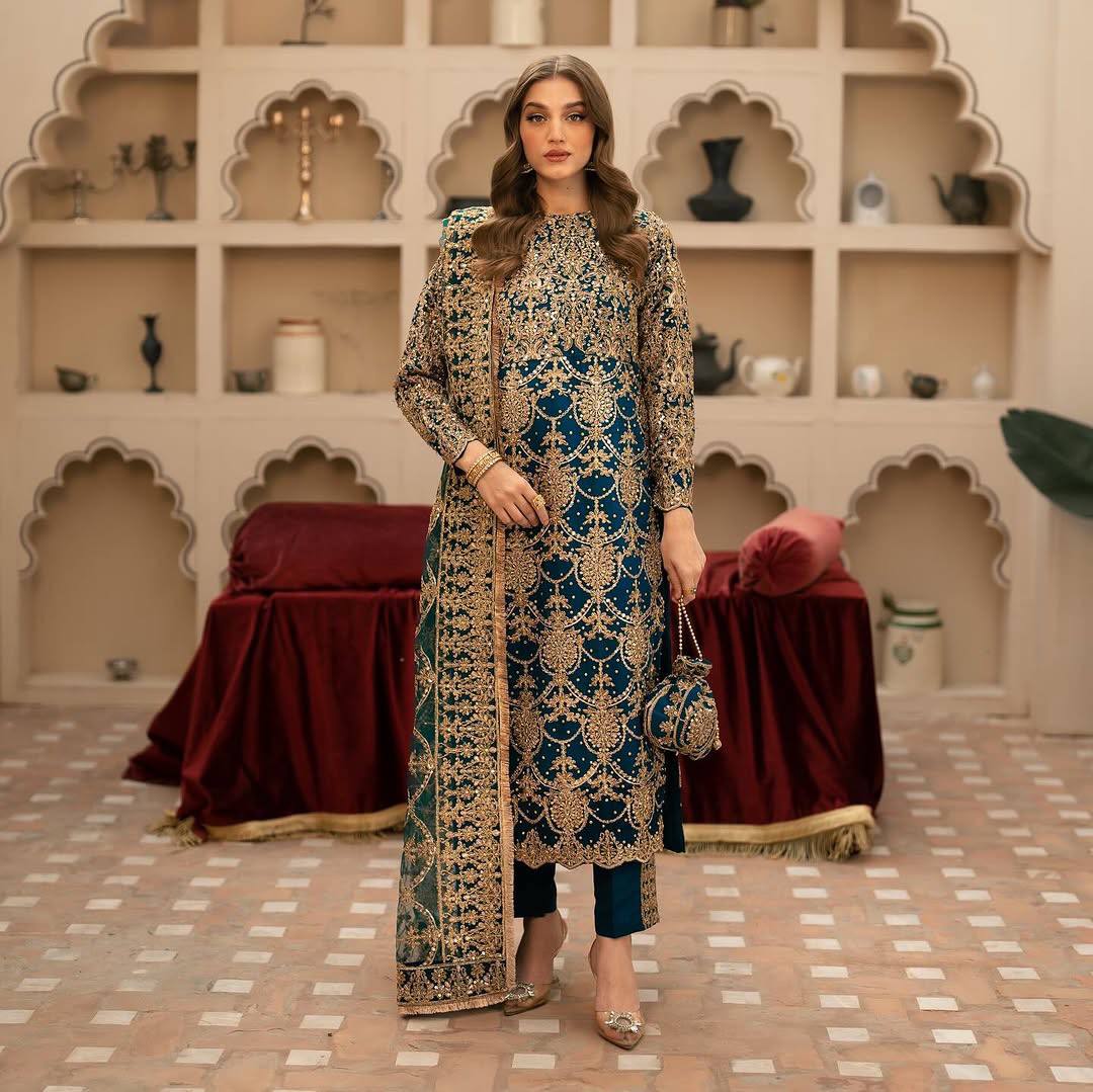 "Elegant Heavy Faux Georgette Embroidered Set with Beads & Sequence Work"