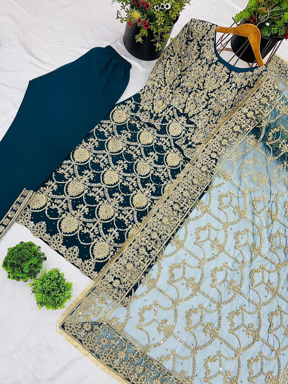 "Elegant Heavy Faux Georgette Embroidered Set with Beads & Sequence Work"