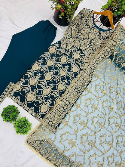 "Elegant Heavy Faux Georgette Embroidered Set with Beads & Sequence Work"