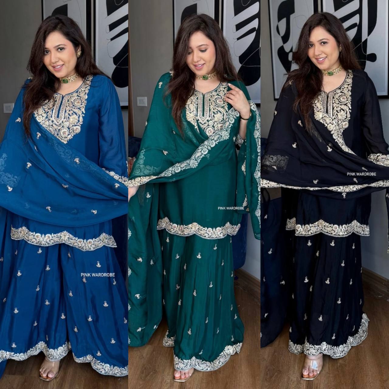"Elegance Redefined: Pure Chinnon Silk Embroidered Top, Plazzo & Dupatta Set"