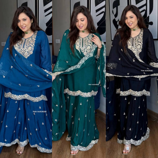 "Elegance Redefined: Pure Chinnon Silk Embroidered Top, Plazzo & Dupatta Set"